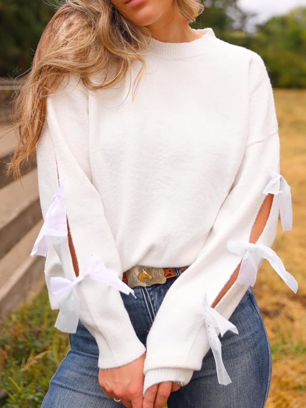 ZESICA Women's Oversized Bow Sweaters Cute Crewneck Long Sleeve Knit Pullover
